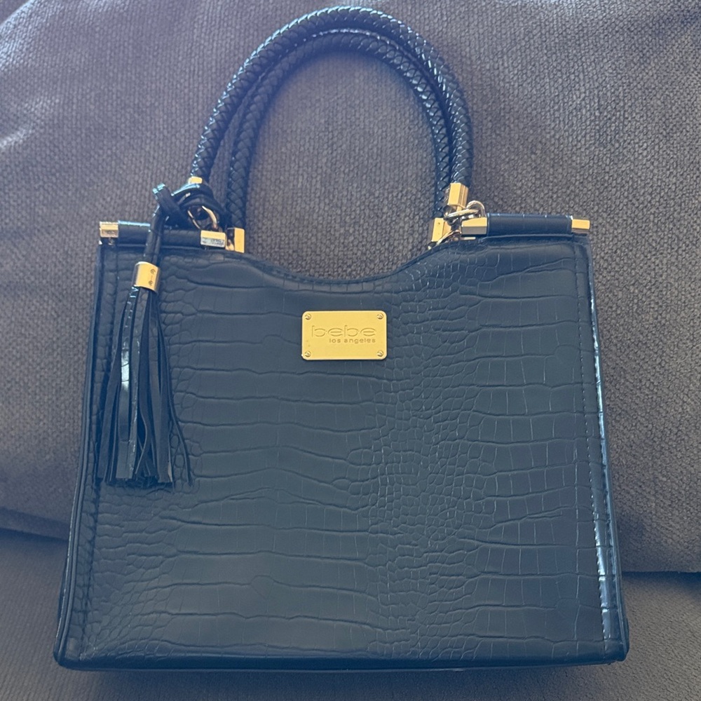 Bebe Black Croc-Patterned Tote with Gold Accents